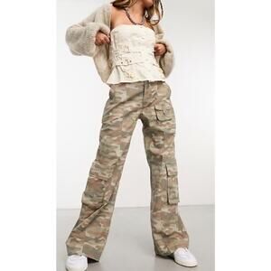 Cotton On Y2K Camo Cargo Pants Women Baggy Wide Leg Multi Pocket Streetwear Sz 6